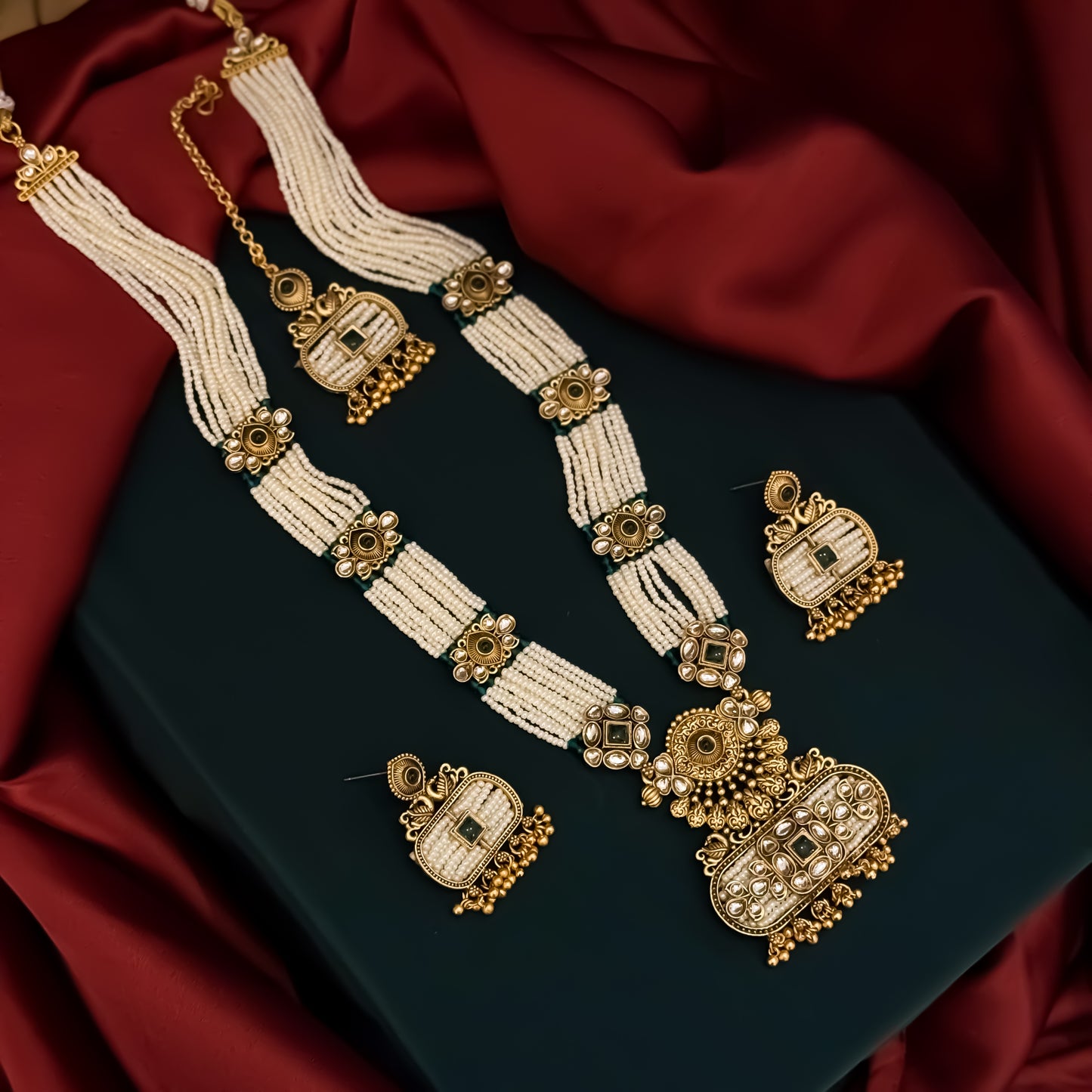 Kinjal Rajwadi Long Necklace Set - Green