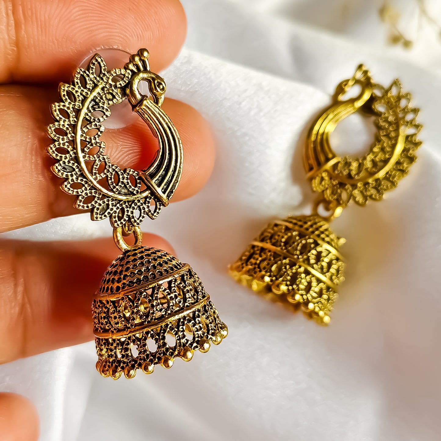 Peacock Golden Jhumki Earrings