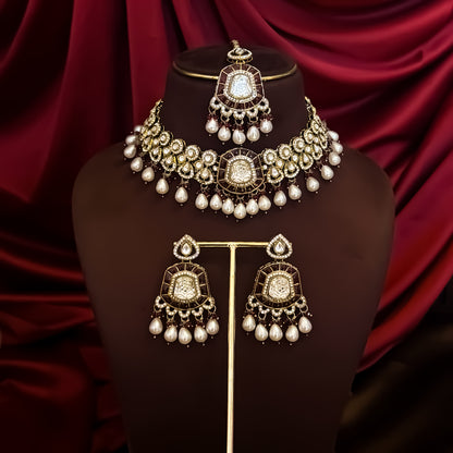 Tanishka Polki Premium Necklace Set - Maroon