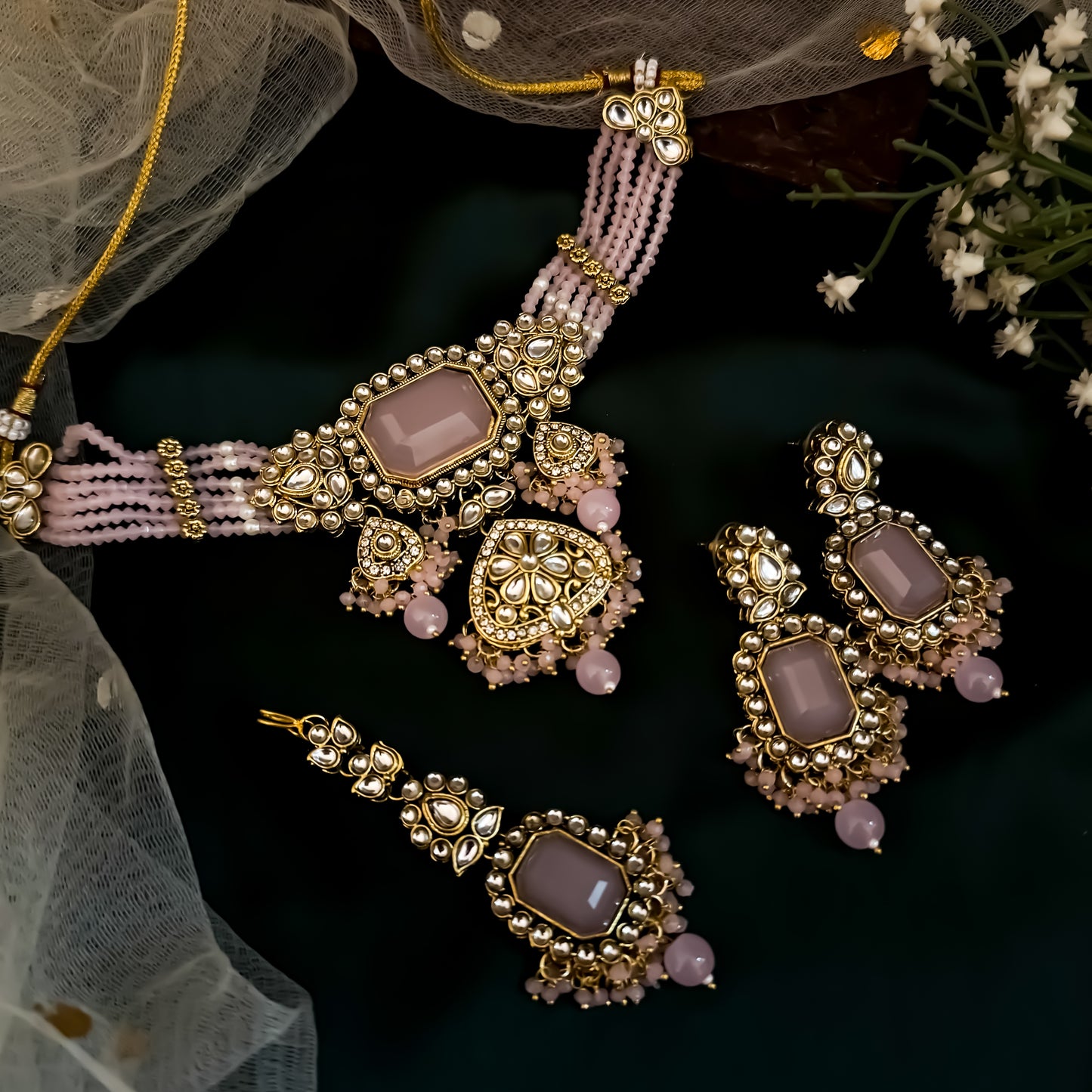 Shriya Kundan Choker Necklace Set - Pastel Pink