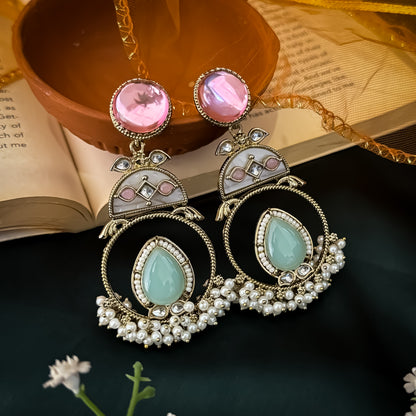 Pastel Pink & Green Nishi Kundan Ganthan Chandbali Earrings