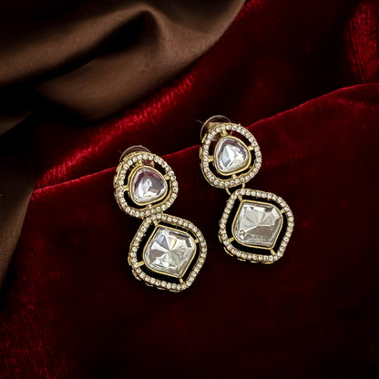 Gulnaj premium double layer golden zircon kundan necklace set featuring clear square and oval stones with micro zircon halos matching earrings and maang tikka