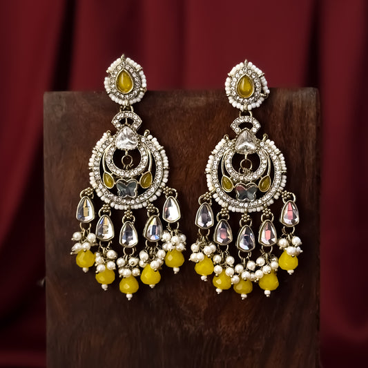 Athiya Kundan Pearl Premium Chandbali Earrings - Yellow