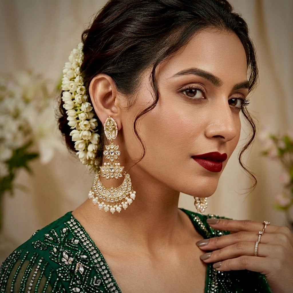 Nilanjana Kundan Chandbali Earrings - Golden
