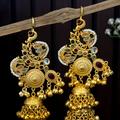 Mayurkanchi Premium Kashmiri Brass Jhumka with Earcuff Earrings - Golden