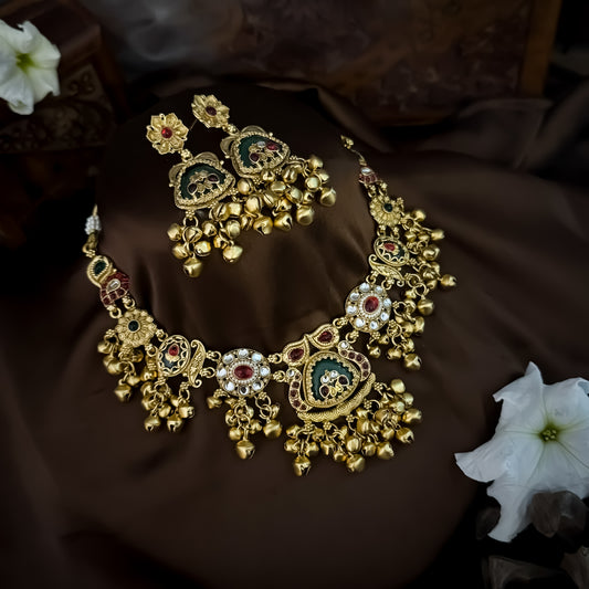 Harini Heritage Rajwadi Necklace Set - Pink & Green