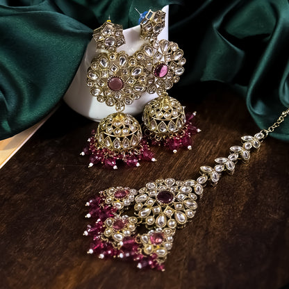 Shabana Premium Kundan Pearl Choker Necklace Set - Wine