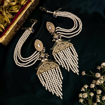 Saira Pearl Peacock Chandbali Earrings with Sahara/Earchains