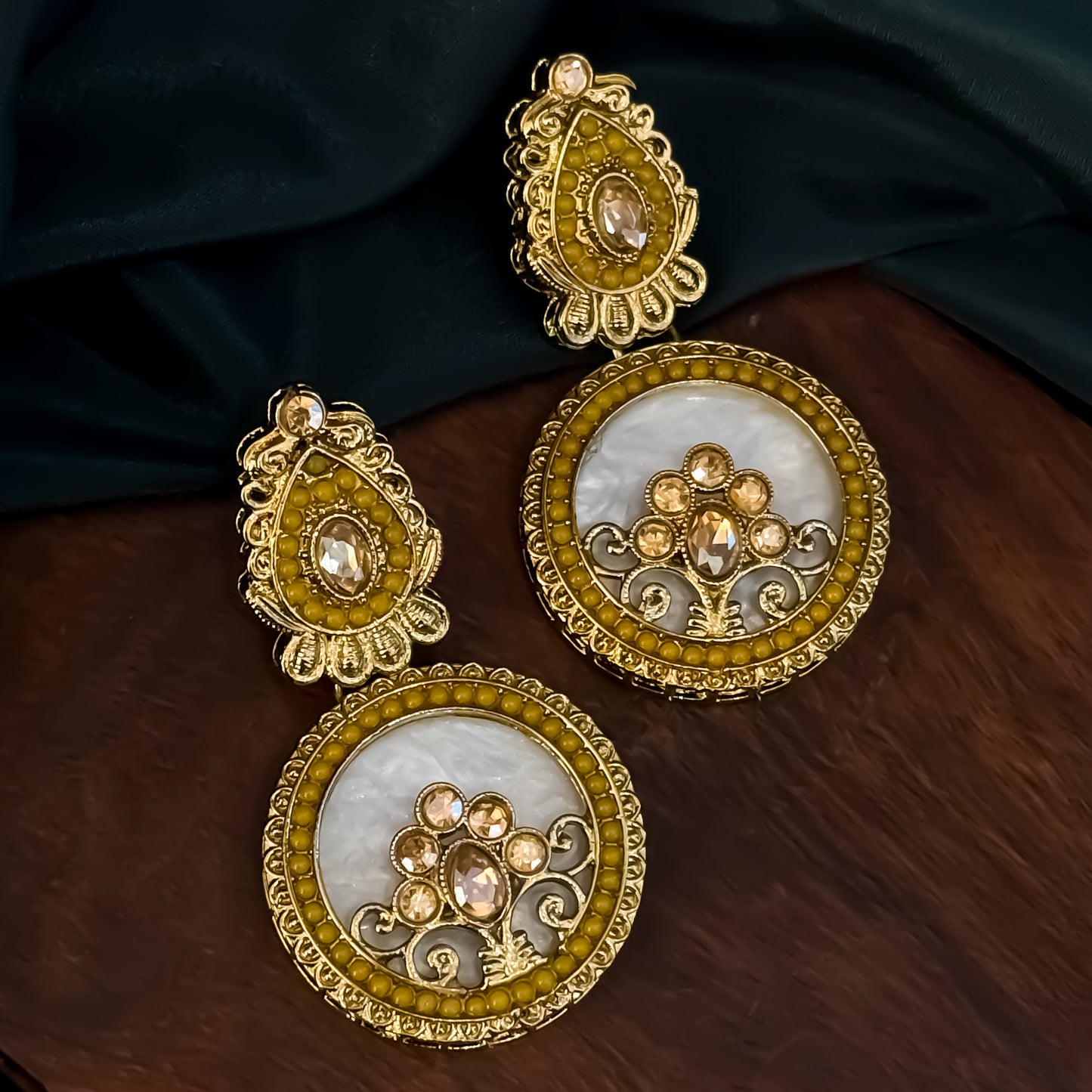 Itika Jadau MOP Chandbali Earrings - Yellow