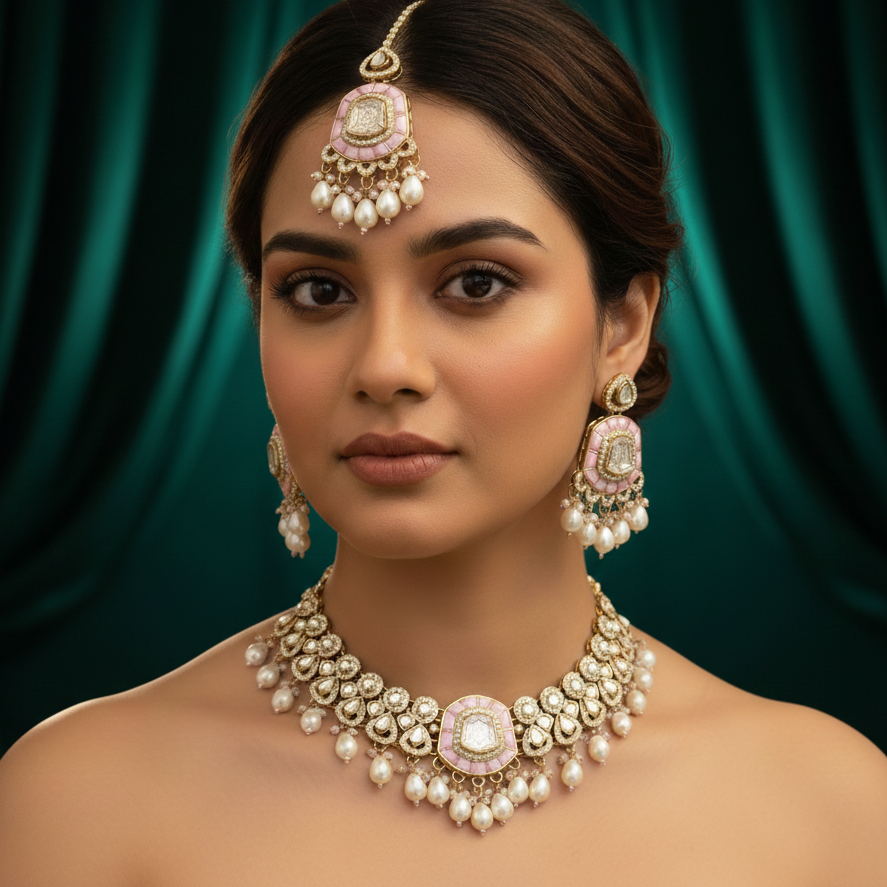 Tanishka Polki Premium Necklace Set - Baby Pink