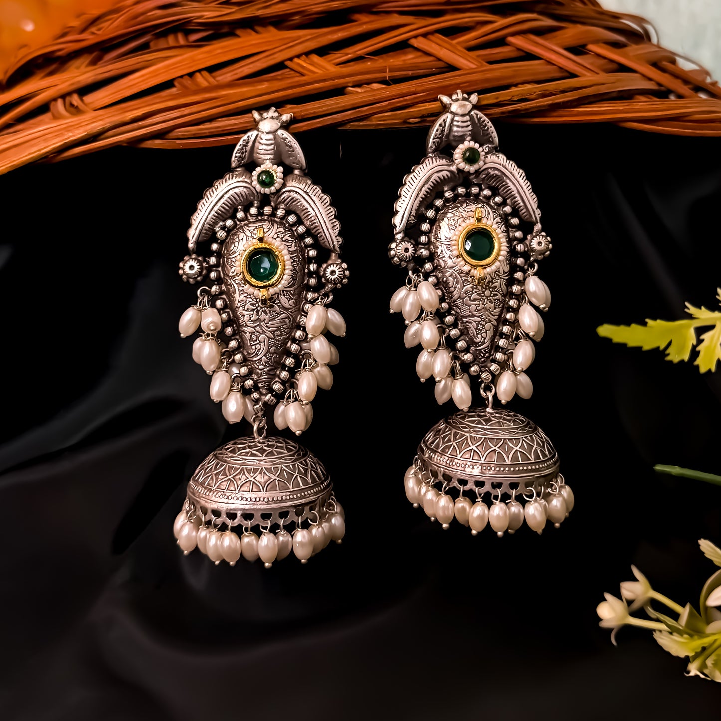 Vishakha Brass Jhumka Earrings - Green