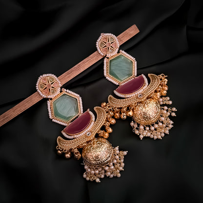 Kaviri Premium Kashmiri Brass Jhumka Ghungroo Earrings - Mint Green & Pink