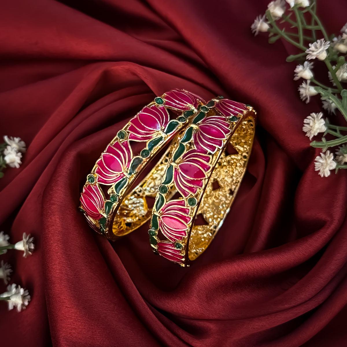 Pink Nalini Lotus Lakshmi Temple Gold Bangles - Set of 2