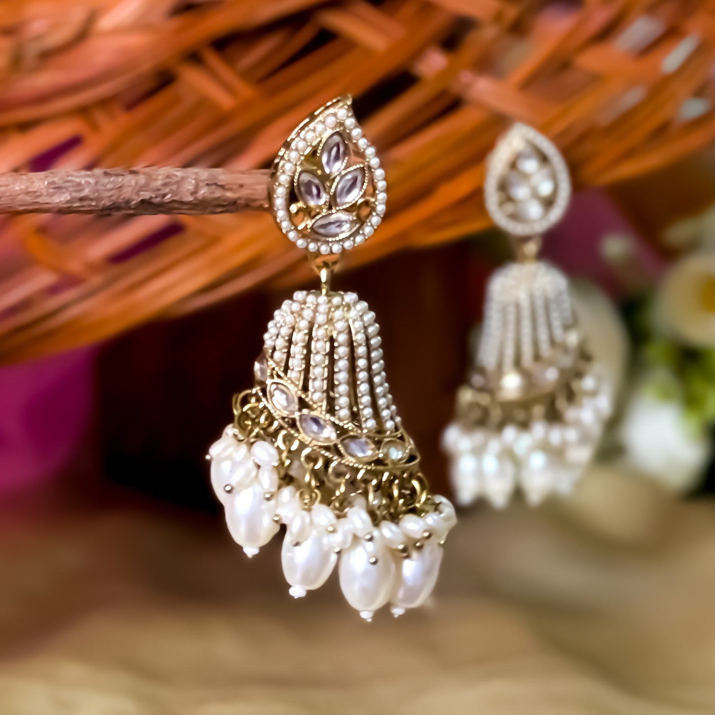 Maheer Jadau Jhumka Earrings - Golden/Ivory