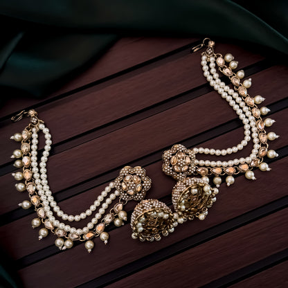 Manika Jadau Jhumka Earrings with Sahara/Earchains - Golden