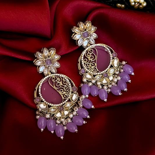Ishika Cutwork MOP Premium Chandbali Earrings - Lavender