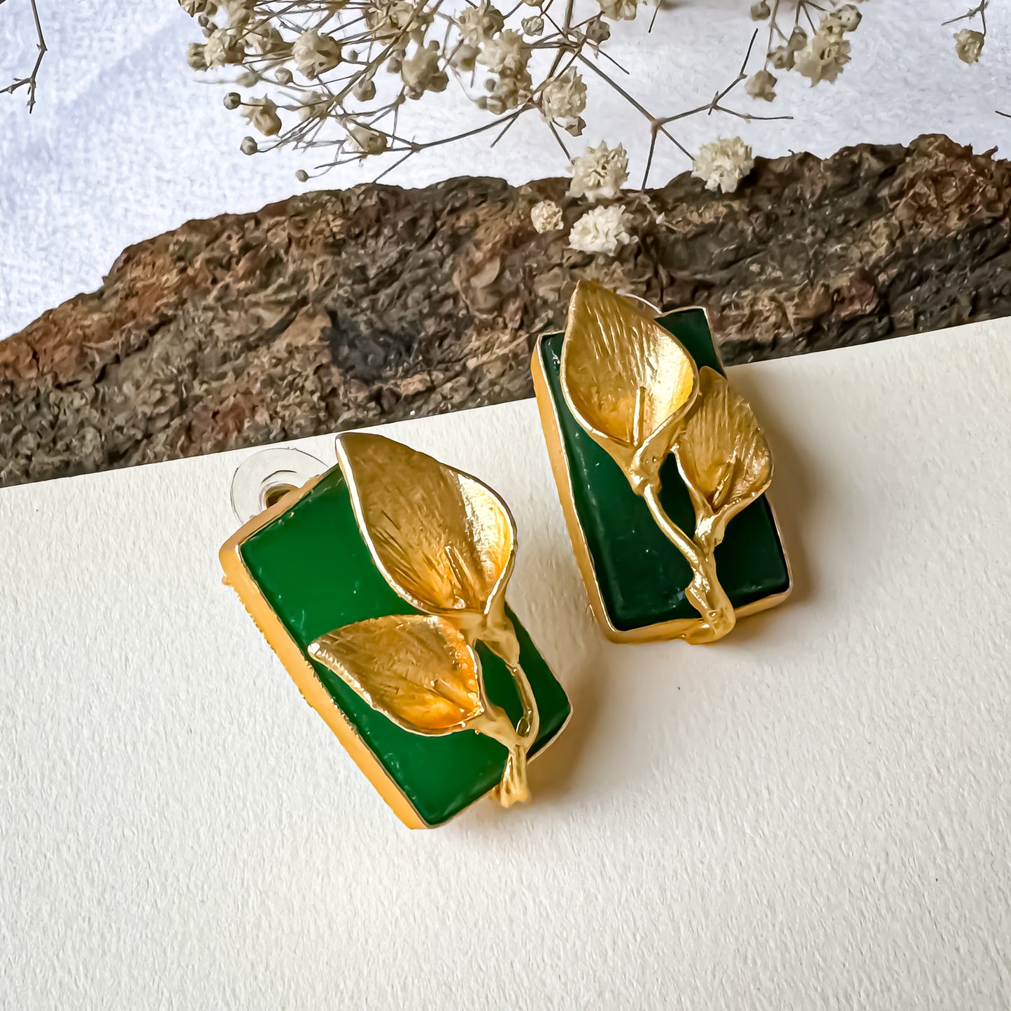 Uncut Natural Druzzy stone Brass Earrings - Green