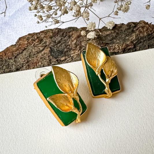 Uncut Natural Druzzy stone Brass Earrings - Green