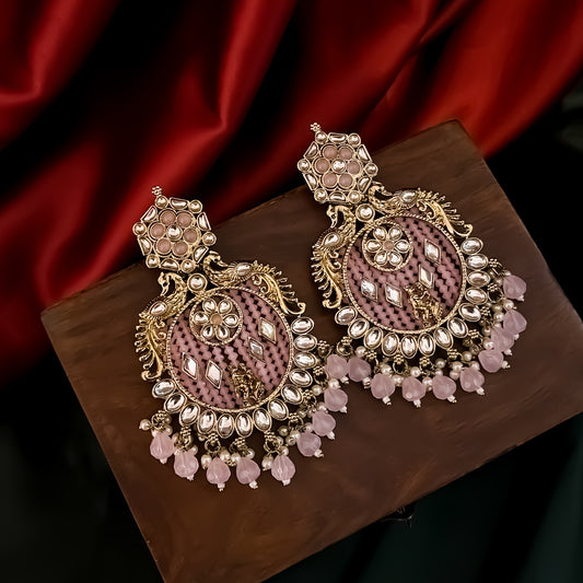 Dhwani Kundan Pearl Chandbali Earrings - Baby Pink