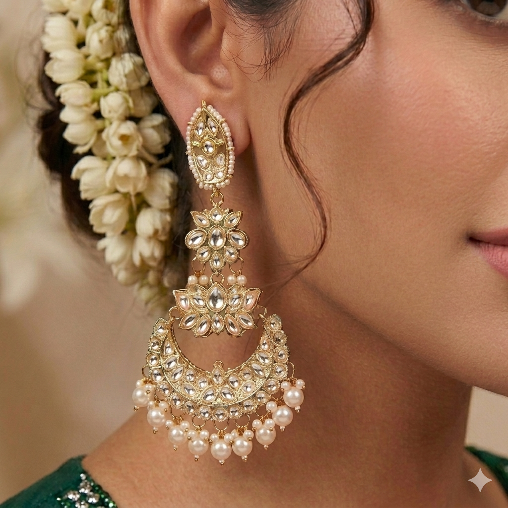 Nilanjana Kundan Chandbali Earrings - Golden