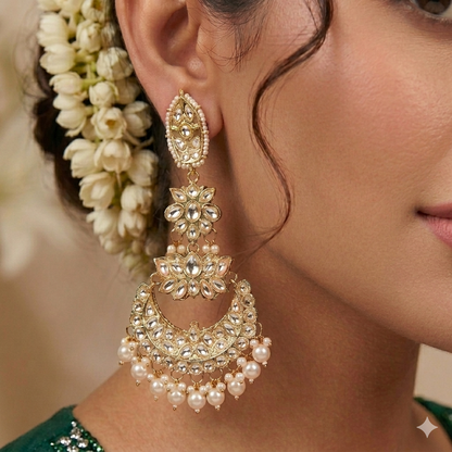 Nilanjana Kundan Chandbali Earrings - Golden