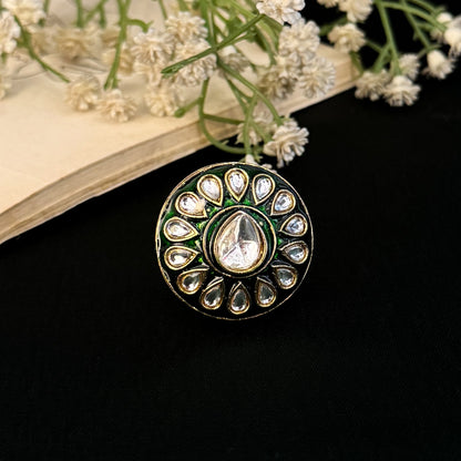 Asyan Meenakari Kundan Adjustable Ring - Green