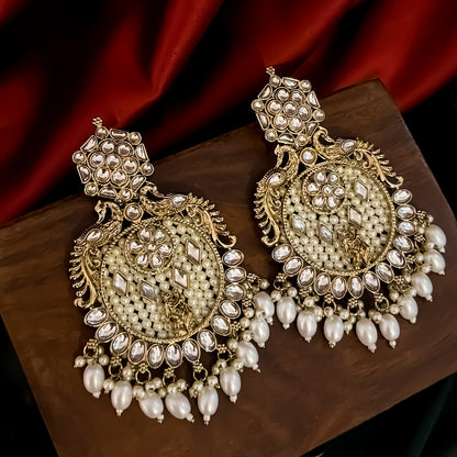 Dhwani Kundan Pearl Chandbali Earrings - Golden