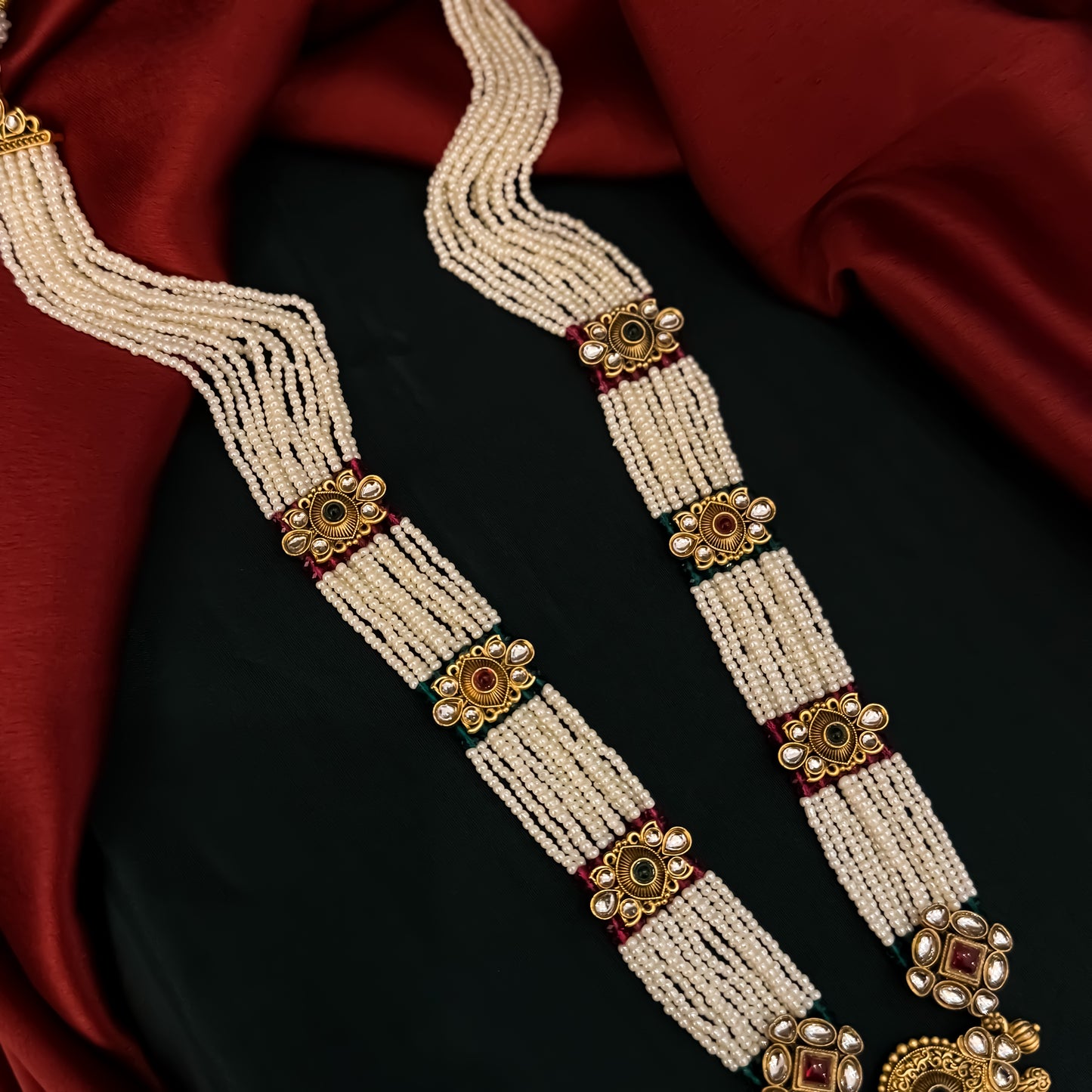 Kinjal Rajwadi Long Necklace Set - Green & Pink