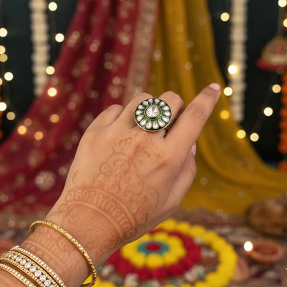 Asyan Meenakari Kundan Adjustable Ring - Green