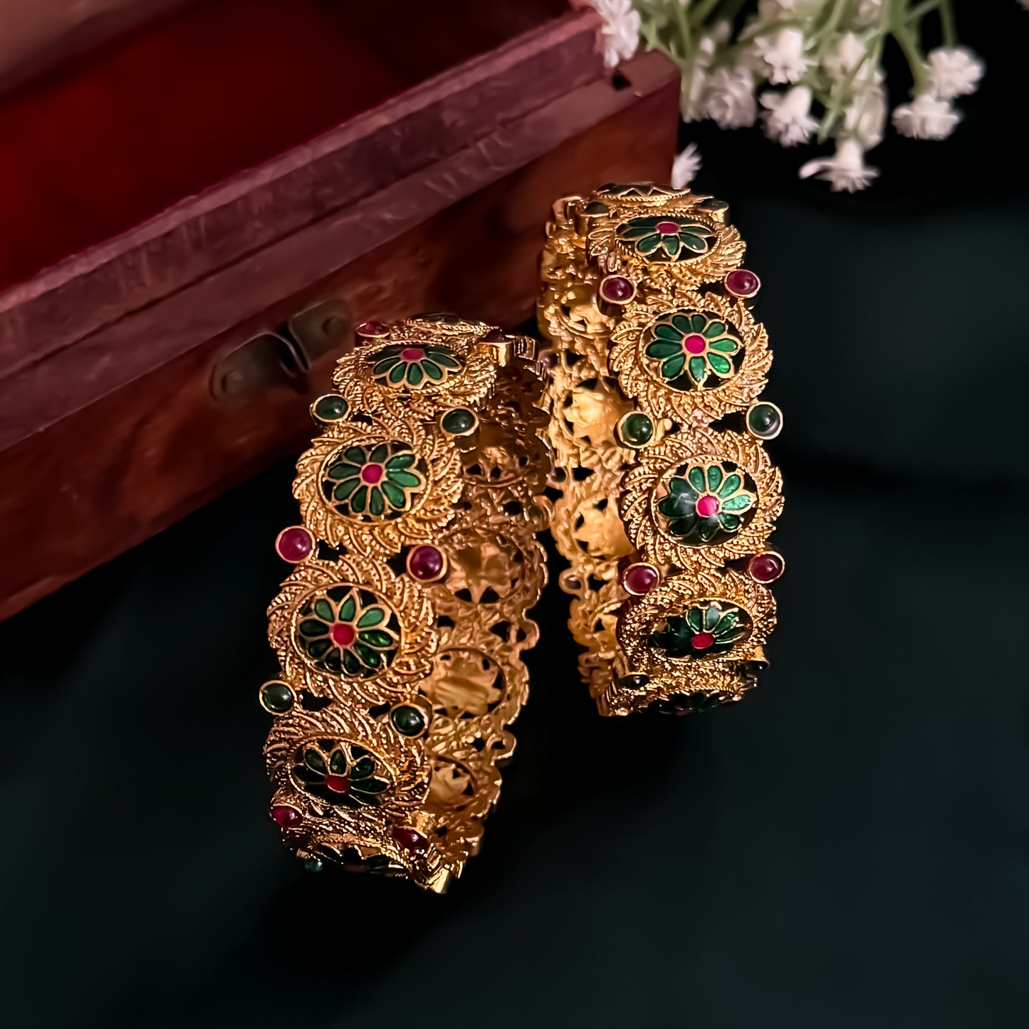 Keerthana Temple Gold Bangles - Set of 2 (Pink & Green)