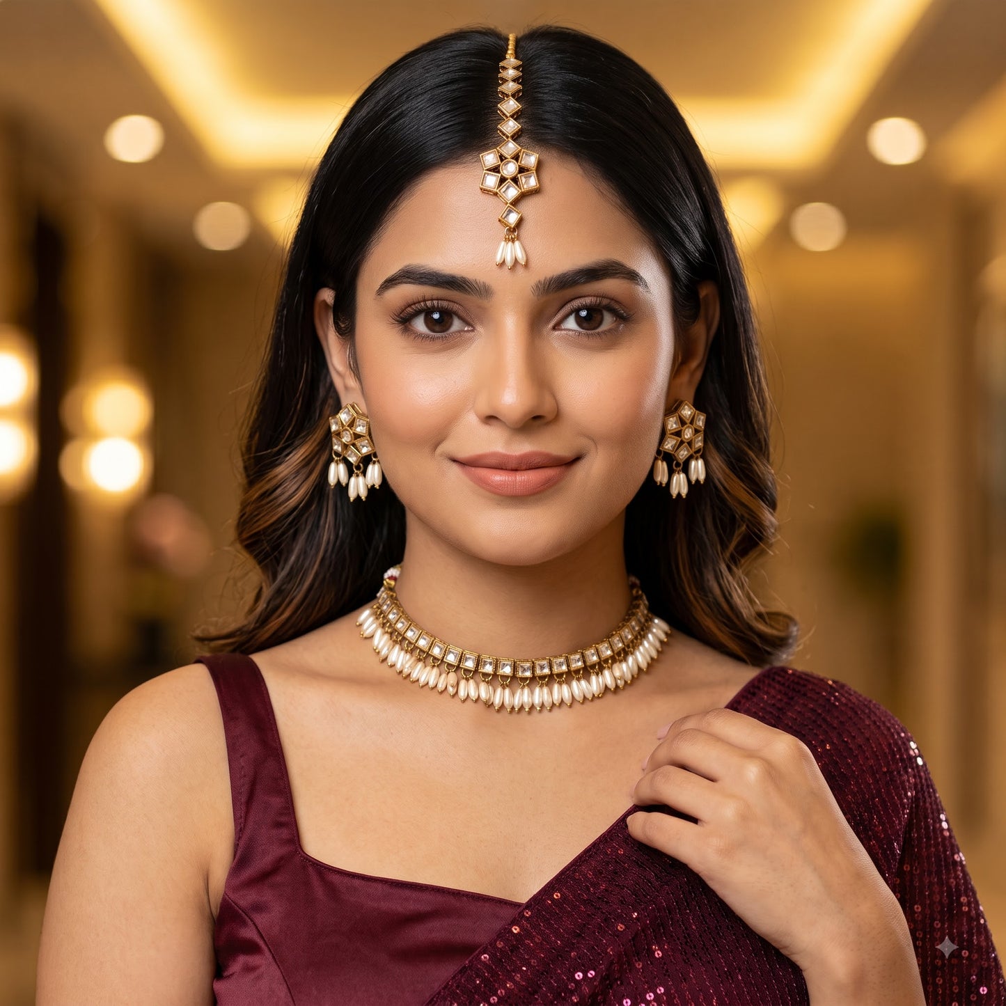 Yashvi premium antique gold kundan sleek collar necklace set featuring a linear linked tracking of clear dabi stones and a dense cascading fringe of white rice pearls with matching hexagonal stud earrings and maang tikka