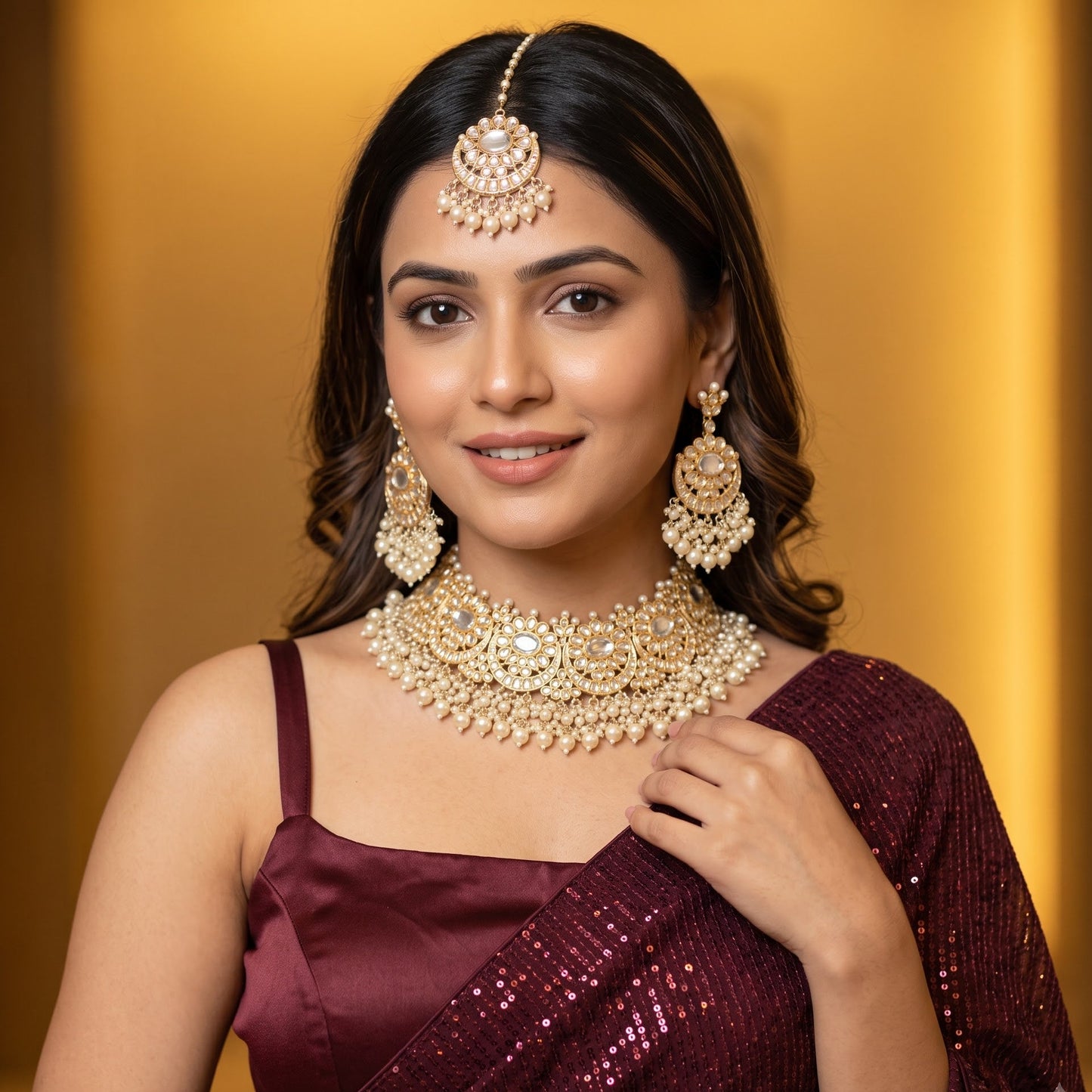 Afreen premium antique gold kundan broad choker necklace set featuring a linear linked tracking of crescent chandbali medallions dense white cluster pearl fringes matching chandelier earrings and maang tikka
