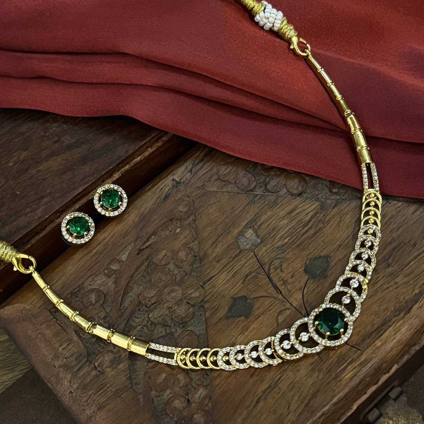 Yasira American Diamond Necklace Set - Golden & Green