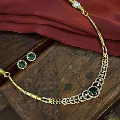 Yasira American Diamond Necklace Set - Golden & Green