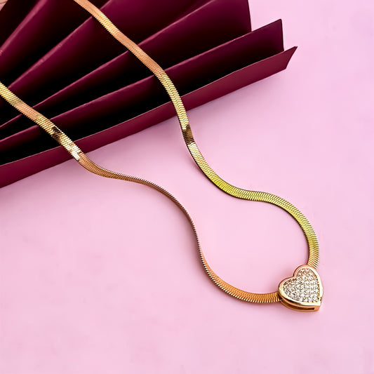 Luna 18K Gold Plated AntiTarnish Snake Chain with Heart Golden AD Pendant