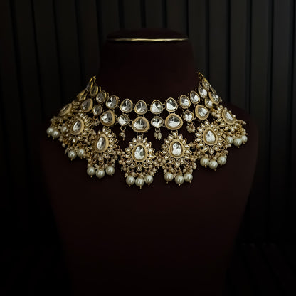 Swaraaj Premium Pearl Kundan Bridal Necklace Set - Golden