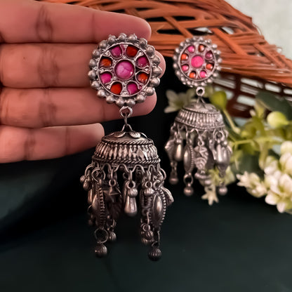 Neha Vintage Polish Jhumka Earrings- Pink