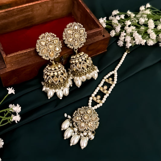 Varuna Jadau Reverse AD Jhumka & Teeka Set - Golden