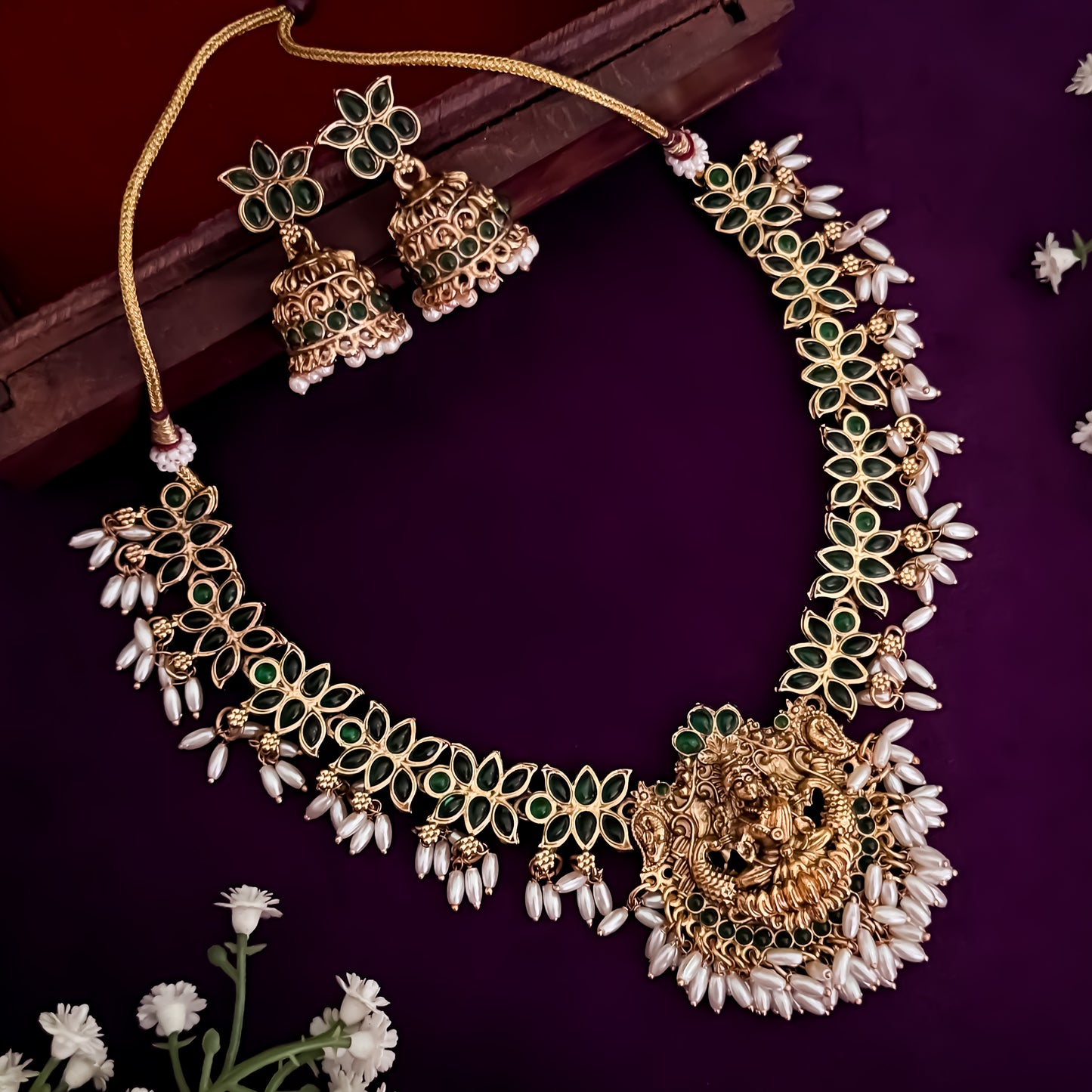 Lotus Lakshmi Rice Pearls Green Necklace Set with Earrings
