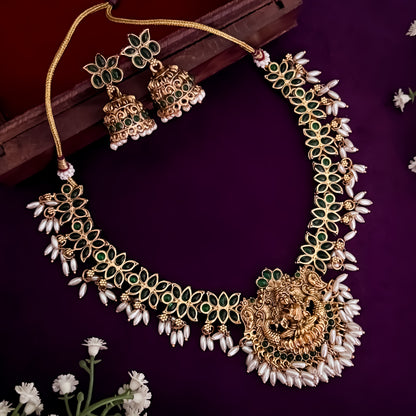 Lotus Lakshmi Rice Pearls Green Necklace Set with Earrings
