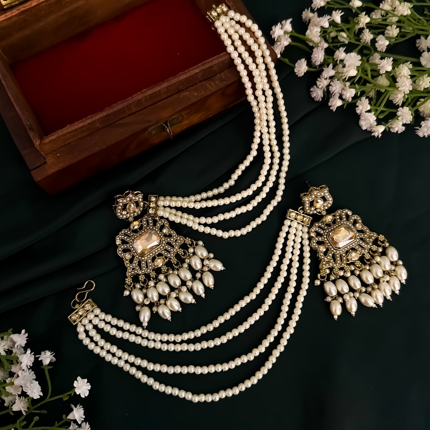 Jodha Jadau Reverse AD Necklace Set with Sahara Earrings & Teeka - Golden