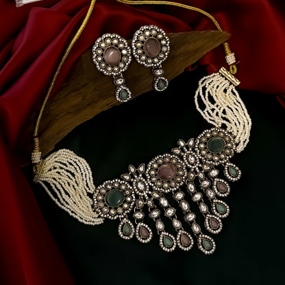 Rumani Premium Victorian Style Choker Necklace Set- Pastel Pink & Green