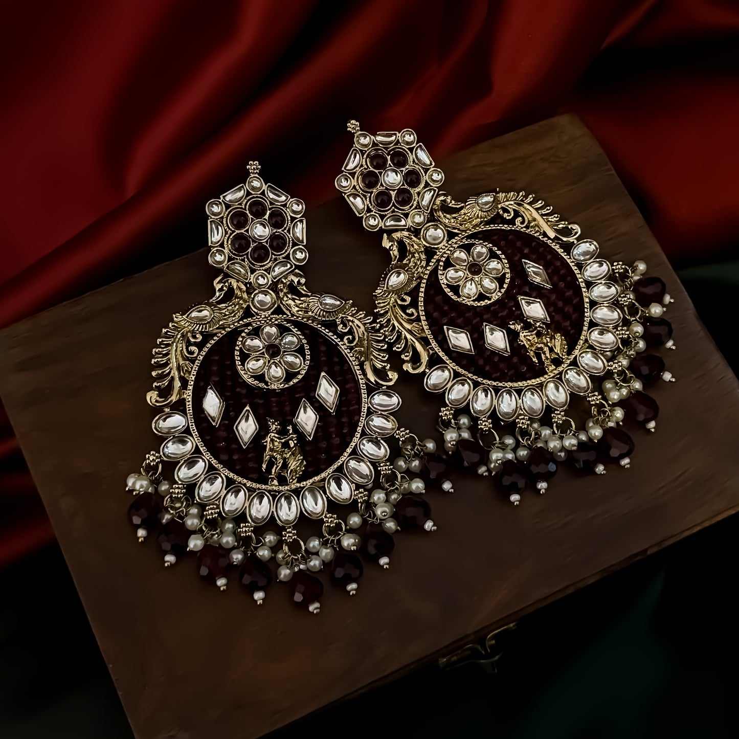 Dhwani Kundan Pearl Chandbali Earrings - Wine