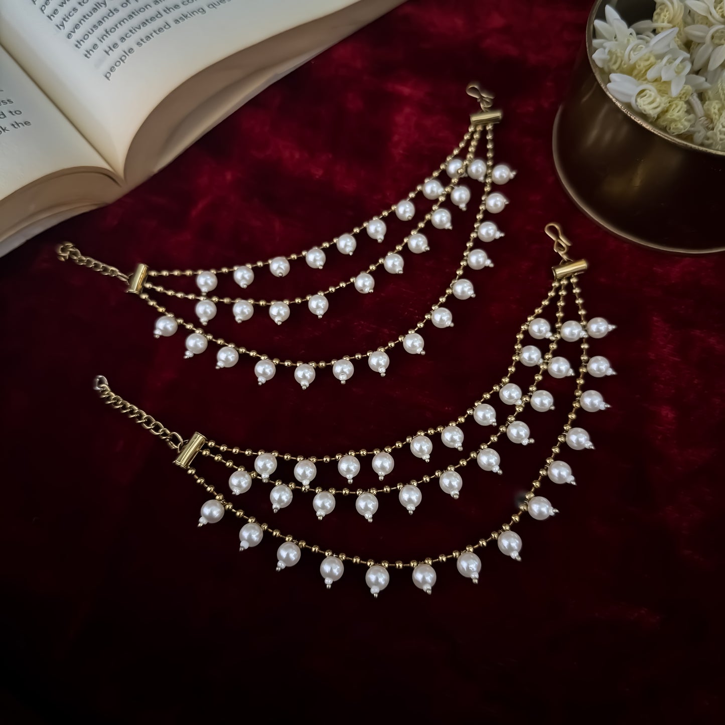 Ishana 3 Layer Pearl Detachable Earchains - Golden