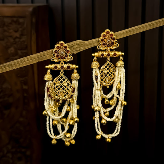 Shambhavi Premium Kashmiri Brass Pearl Chandbali Earrings - Ruby Pink