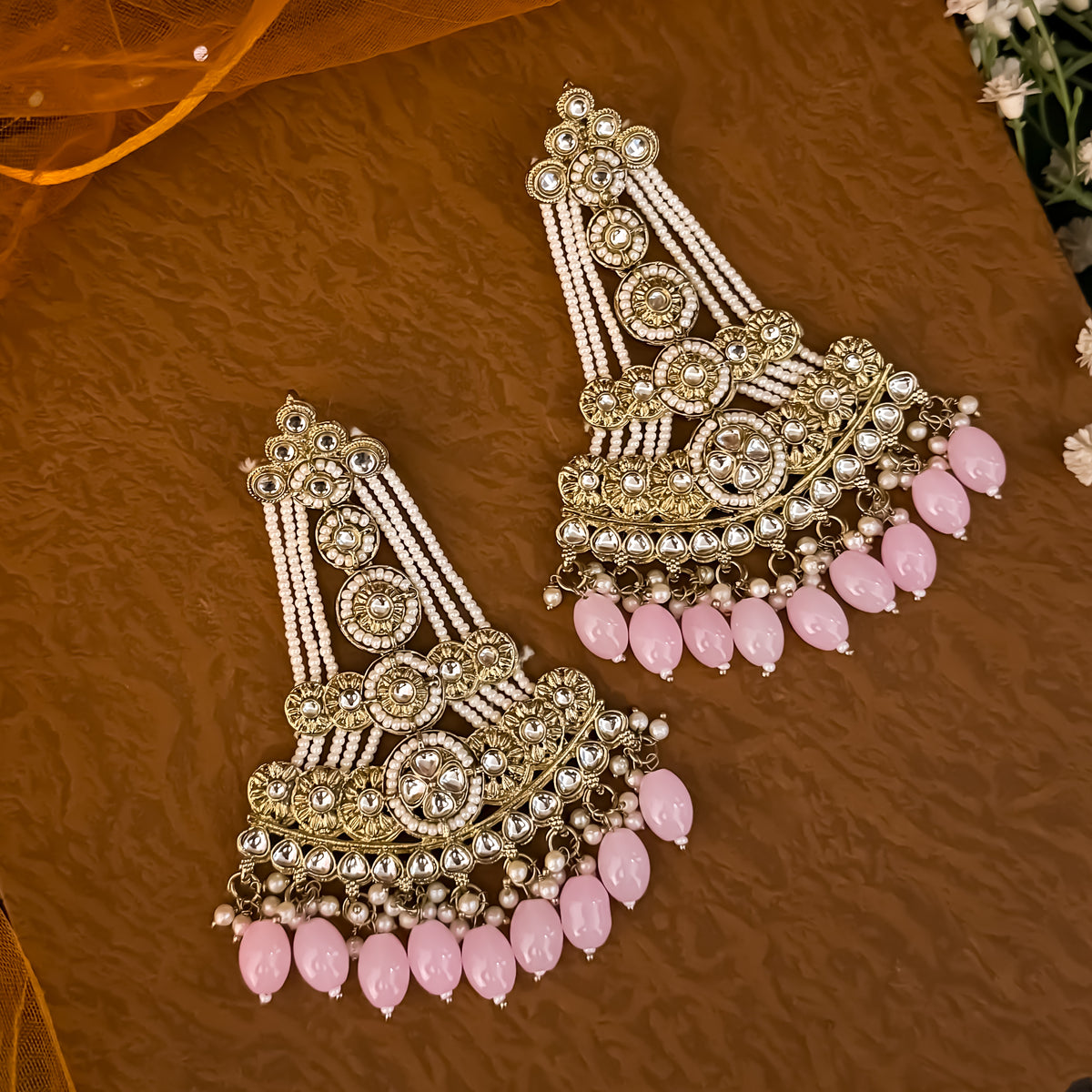 Pastel Pink Kinza Kundan Pearl Chandbali Earrings