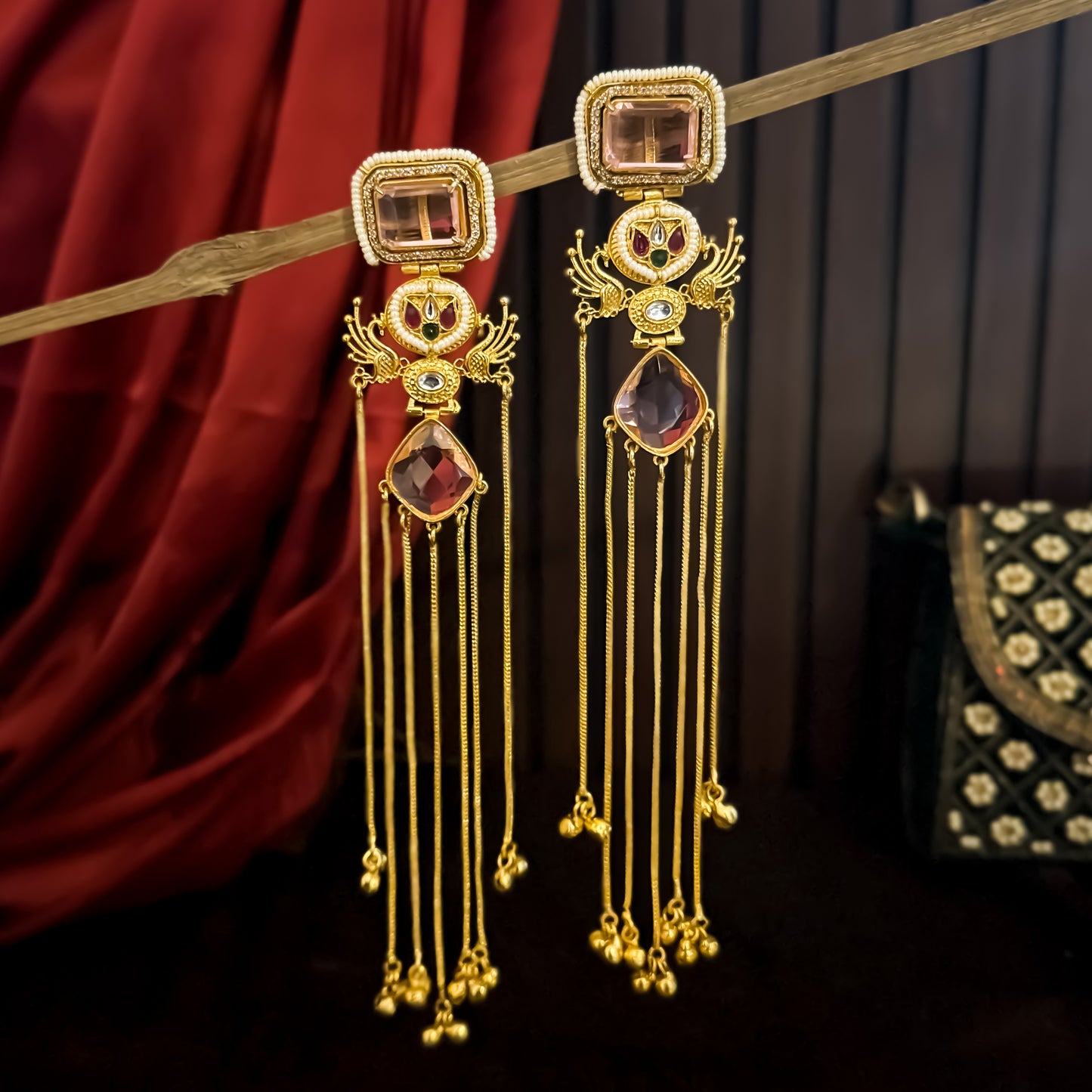 Rushali Premium Kashmiri Brass Doublet Stone & Ad Work Earring - Pastel Pink