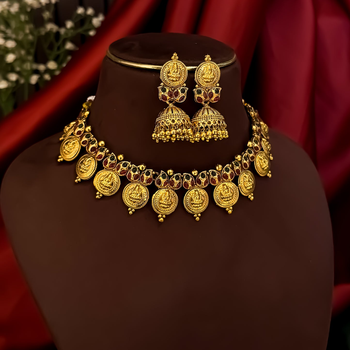 Lavika Kasumala Coin Temple Necklace Set - Pink & Green