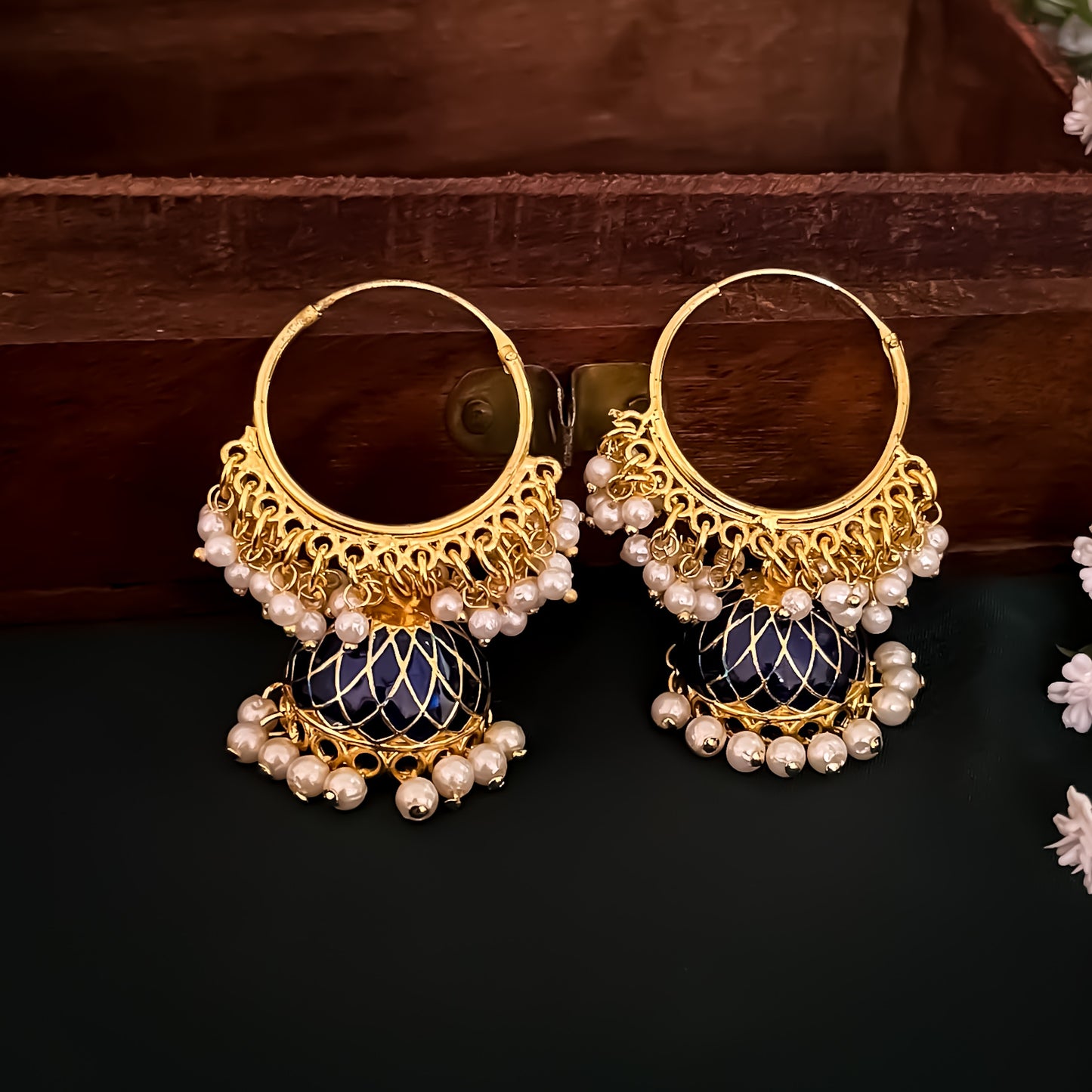 Pihu Pearl Bali Jhumka Earrings - Blue