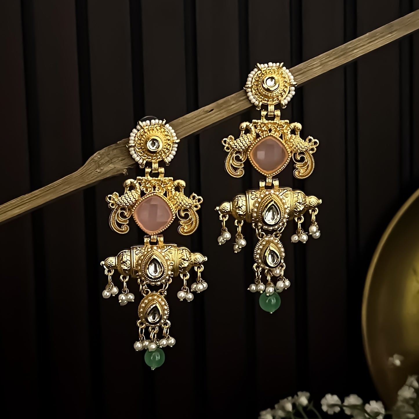 Shahana Kashmiri Matte Brass Ghungroo Earrings - Pastel Pink & Green
